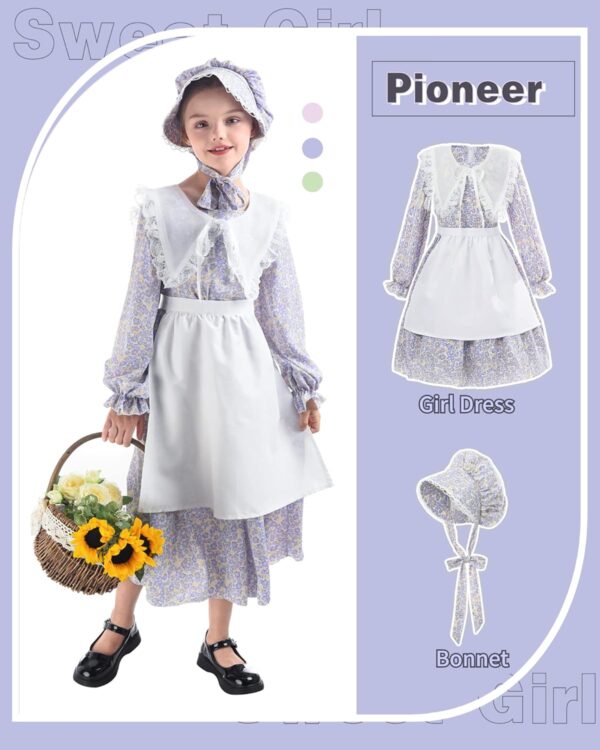 NSPSTT Girl Pioneer Costume Prairie Dresses for Girls Floral Colonial Dress Girl 1800s Dress - Image 3
