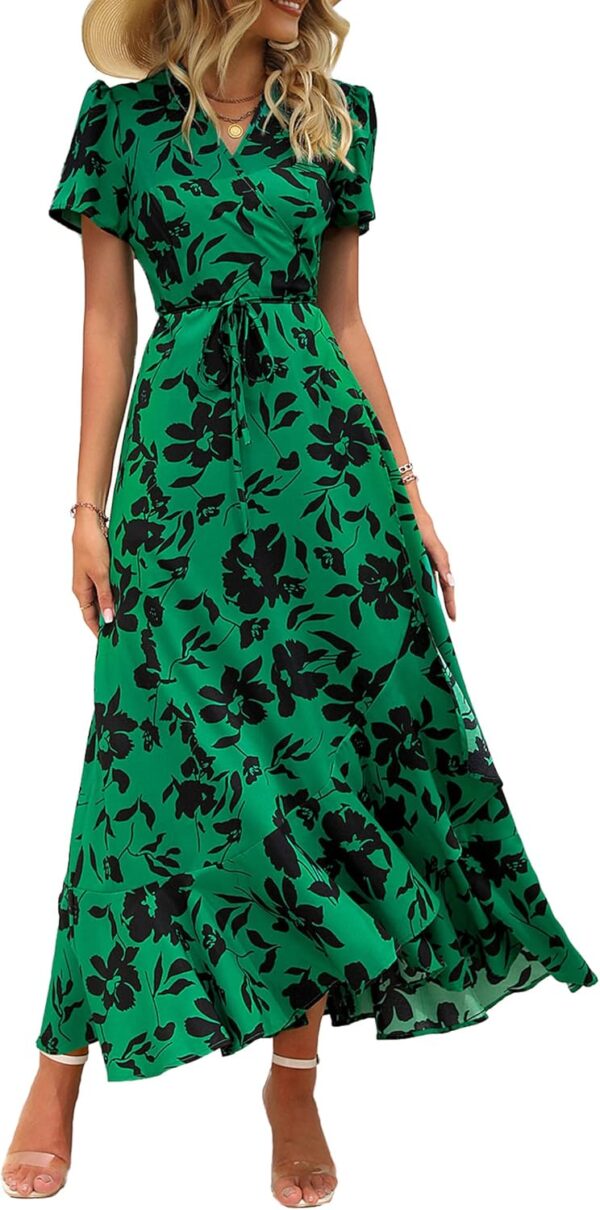 PRETTYGARDEN Women's Summer Maxi Dress Casual Wrap Floral Boho Short Sleeve V Neck Split Ruffle Beach Long Dresses - Image 2
