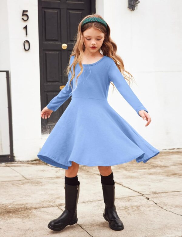 Arshiner Girls Long Sleeve Stretchy Dress A line Twirly Skater School Party Dress - Image 3
