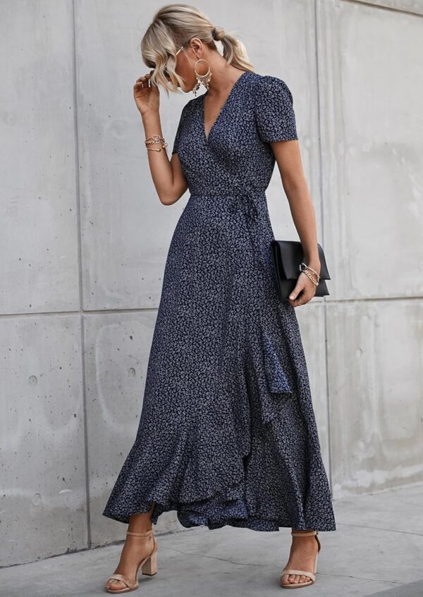PRETTYGARDEN Women's Summer Maxi Dress Casual Wrap Floral Boho Short Sleeve V Neck Split Ruffle Beach Long Dresses - Image 4
