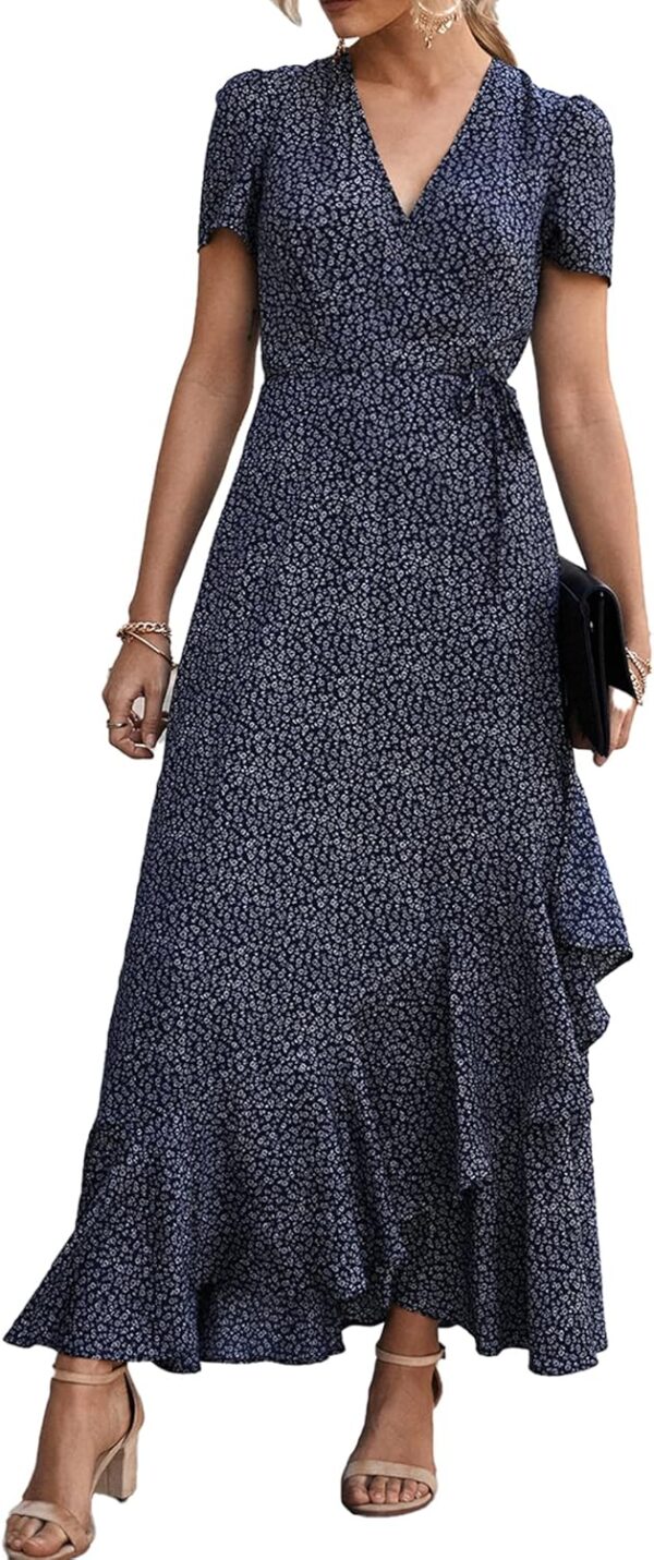 PRETTYGARDEN Women's Summer Maxi Dress Casual Wrap Floral Boho Short Sleeve V Neck Split Ruffle Beach Long Dresses - Image 2