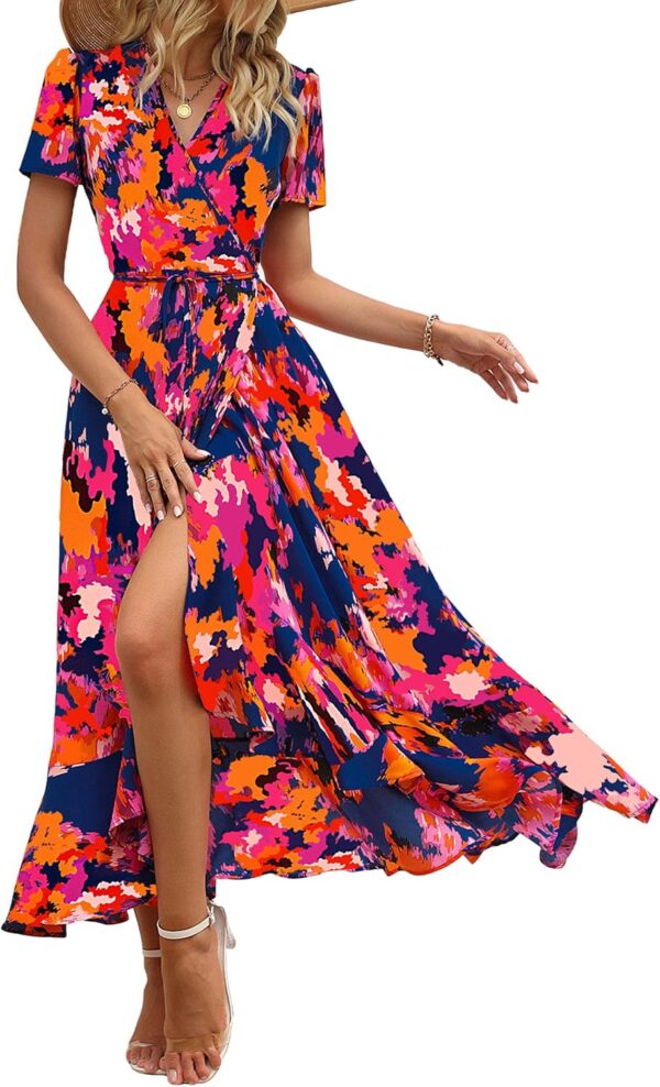 PRETTYGARDEN Women's Summer Maxi Dress Casual Wrap Floral Boho Short Sleeve V Neck Split Ruffle Beach Long Dresses - Image 2