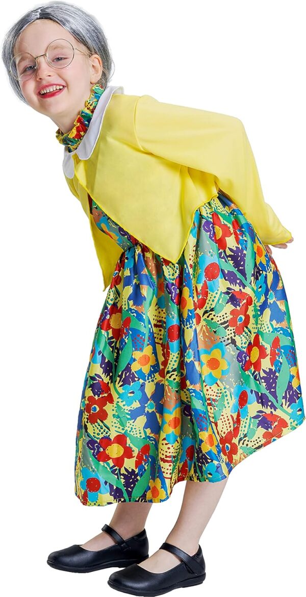 Old Lady Costume for Girls, 100th Day of School 4 Pcs Granny Grandma Set Outfit Wig for Kids Dress Up 4-10 Years - Image 4