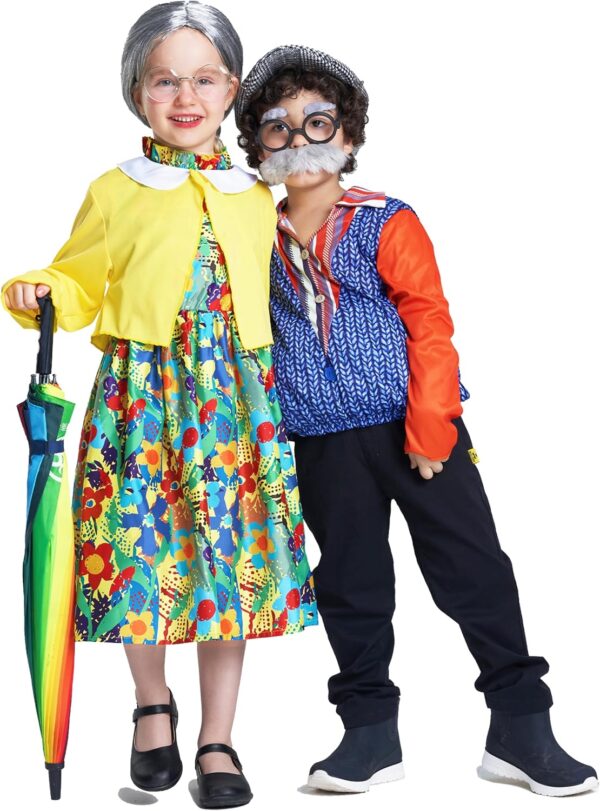Old Lady Costume for Girls, 100th Day of School 4 Pcs Granny Grandma Set Outfit Wig for Kids Dress Up 4-10 Years - Image 6