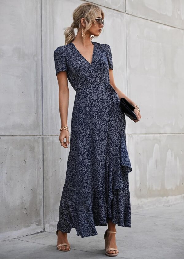 PRETTYGARDEN Women's Summer Maxi Dress Casual Wrap Floral Boho Short Sleeve V Neck Split Ruffle Beach Long Dresses - Image 9