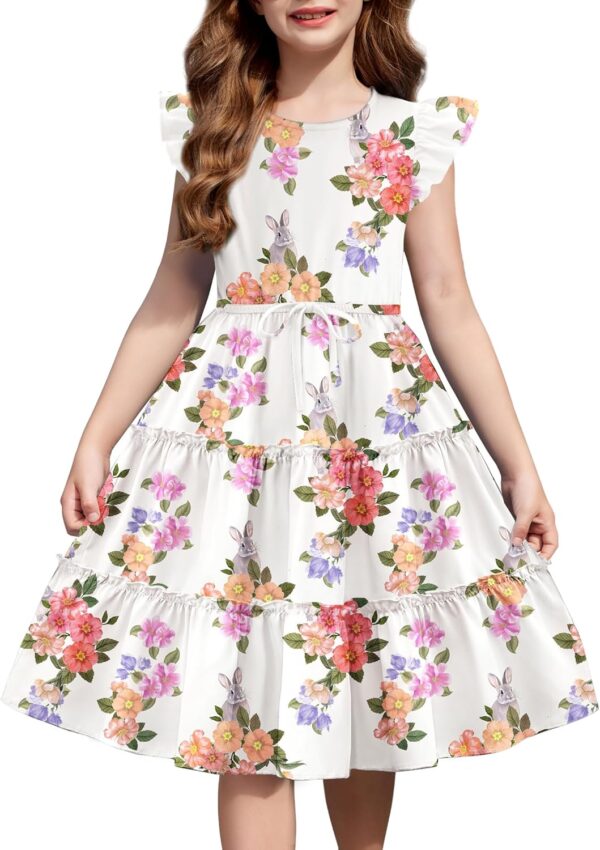 Arshiner Girl's Summer Dress Ruffle Sleeve Tiered Casual Party Dresses with Pockets 5-12 Years - Image 2