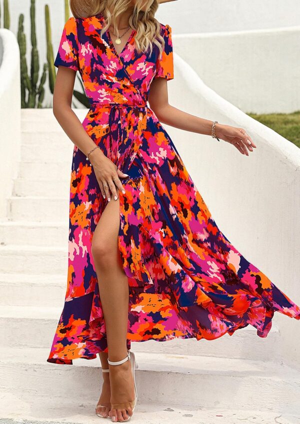PRETTYGARDEN Women's Summer Maxi Dress Casual Wrap Floral Boho Short Sleeve V Neck Split Ruffle Beach Long Dresses - Image 8