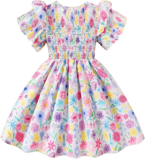 Little Girls Dress Ruffle Sleeve Floral Smocked Dresses Kids Casual Outfits Toddler Summer Tiered Boho Sundress 2-7T - Image 2