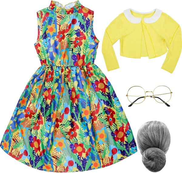 Old Lady Costume for Girls, 100th Day of School 4 Pcs Granny Grandma Set Outfit Wig for Kids Dress Up 4-10 Years - Image 7