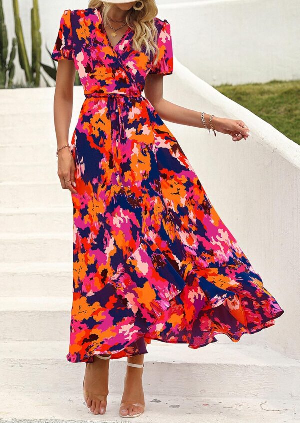 PRETTYGARDEN Women's Summer Maxi Dress Casual Wrap Floral Boho Short Sleeve V Neck Split Ruffle Beach Long Dresses - Image 5