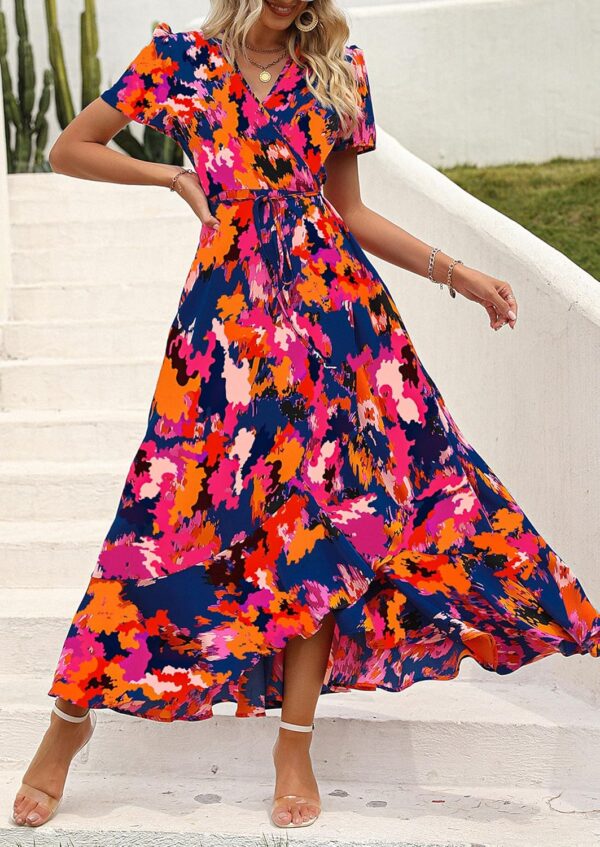 PRETTYGARDEN Women's Summer Maxi Dress Casual Wrap Floral Boho Short Sleeve V Neck Split Ruffle Beach Long Dresses - Image 7