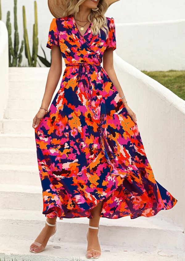 PRETTYGARDEN Women's Summer Maxi Dress Casual Wrap Floral Boho Short Sleeve V Neck Split Ruffle Beach Long Dresses - Image 4