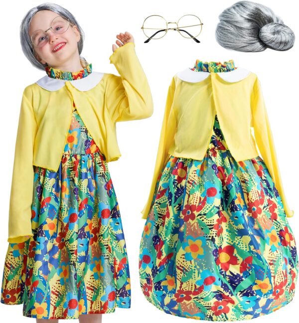 Old Lady Costume for Girls, 100th Day of School 4 Pcs Granny Grandma Set Outfit Wig for Kids Dress Up 4-10 Years - Image 2