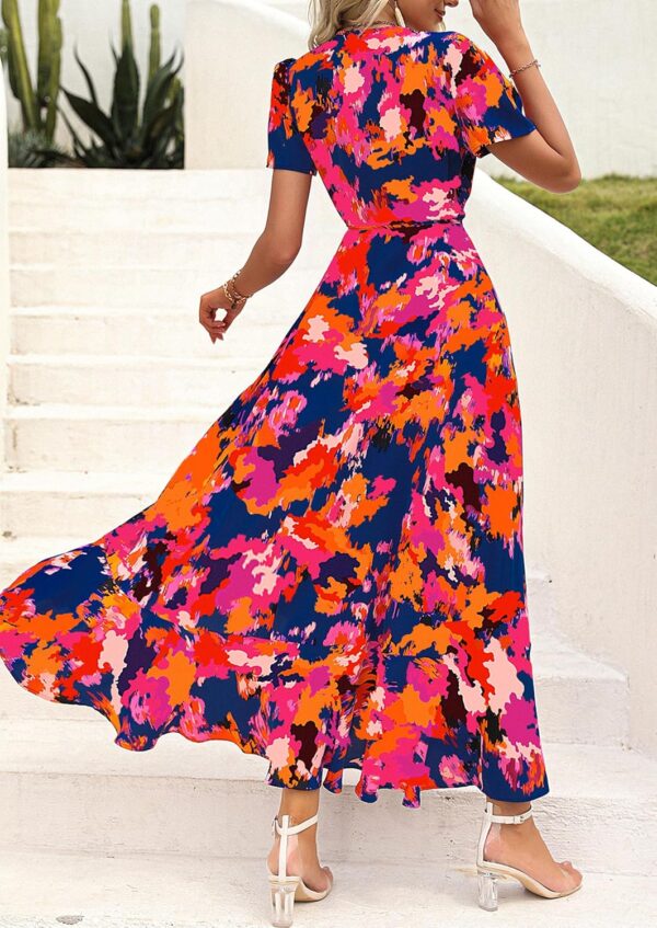 PRETTYGARDEN Women's Summer Maxi Dress Casual Wrap Floral Boho Short Sleeve V Neck Split Ruffle Beach Long Dresses - Image 3